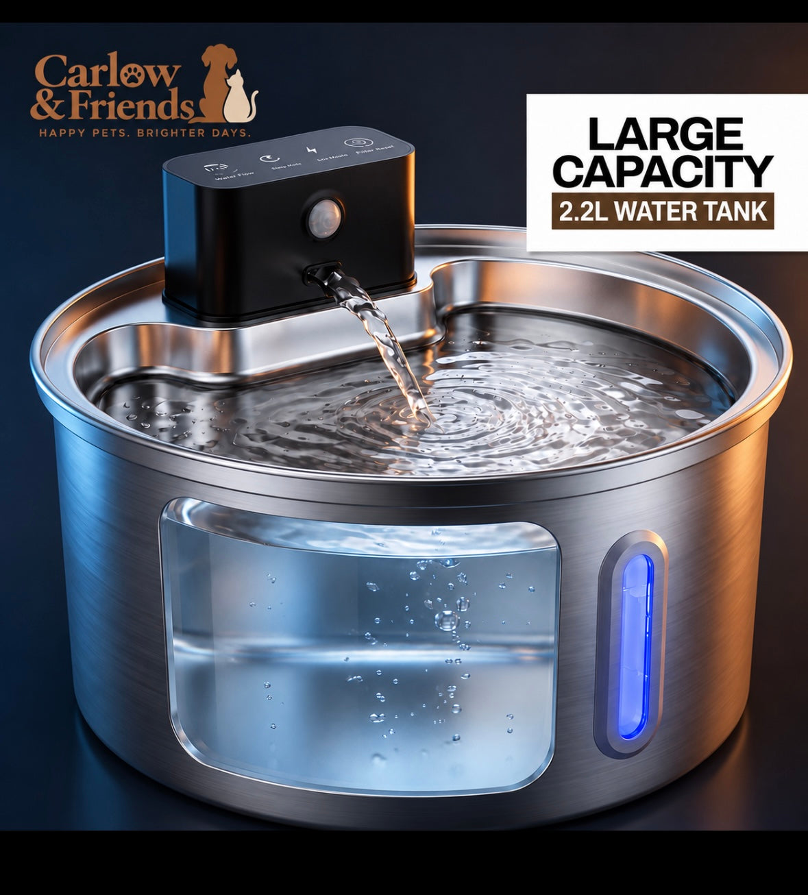 Carlow & Friends 2.2L Cordless Pet Water Fountain + FREE 3-Pack of Filters