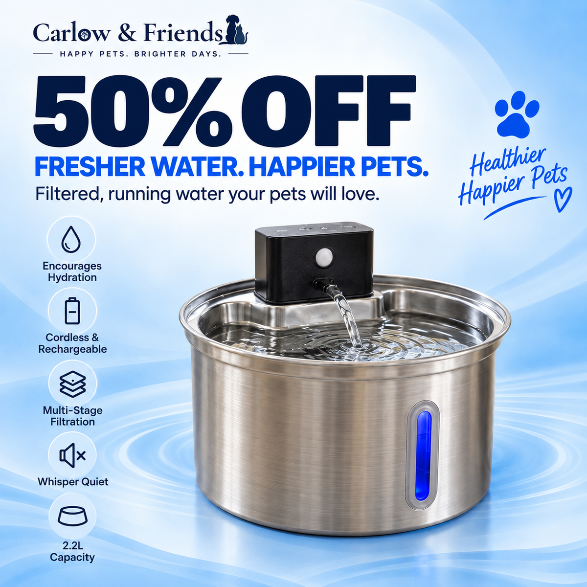 Carlow & Friends 2.2L Cordless Pet Water Fountain + FREE 3-Pack of Filters