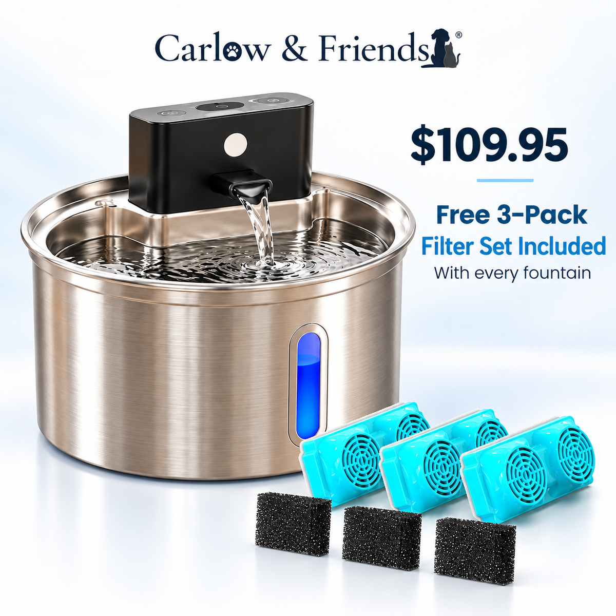 Carlow & Friends 2.2L cordless stainless steel fountain, $109.95 AUD, free 3-pack of replacement filters included